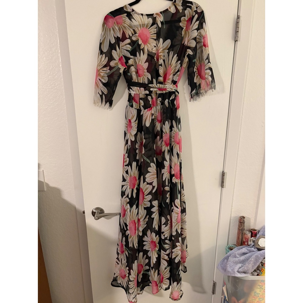Floral Daisy Print Sheer Maxi Dress Black Pink swim cover Fringed Sleeve L